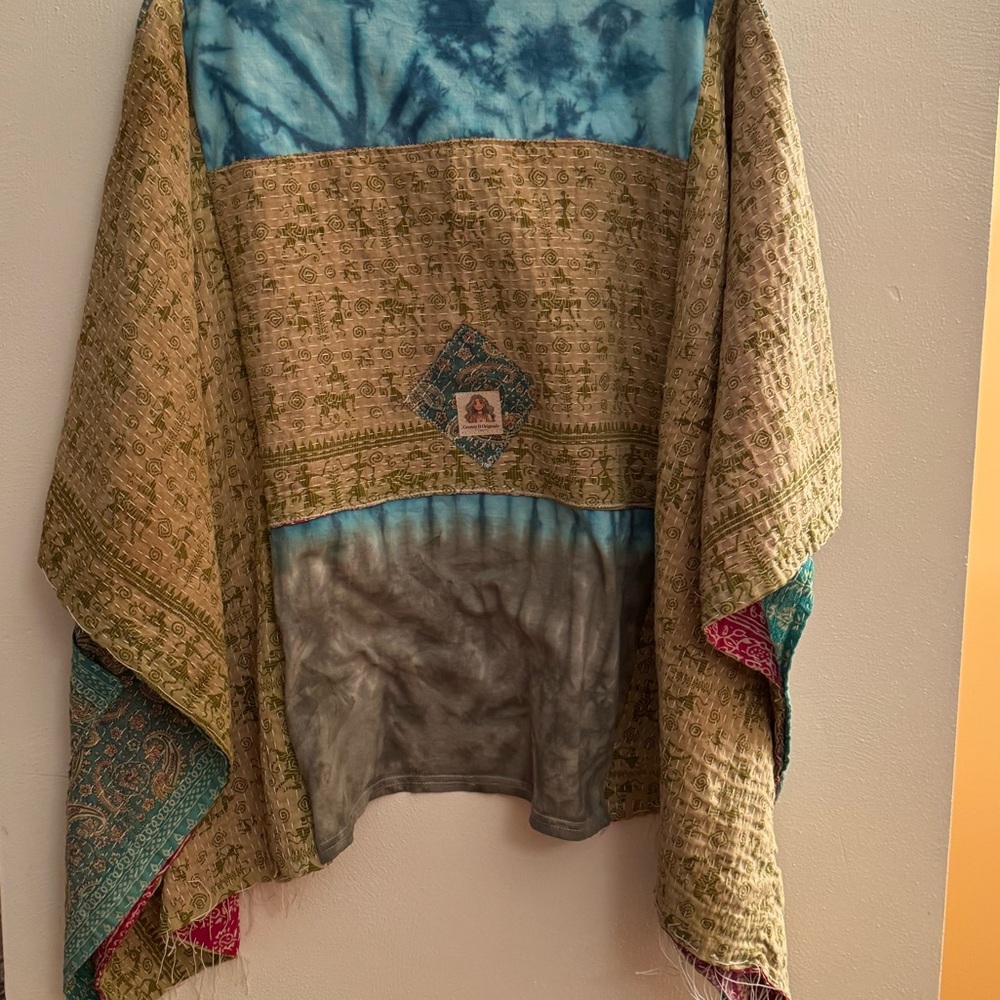 Boho Tie-Dye Tree Graphic Poncho Top in Teal and Brown - Picture 7 of 7